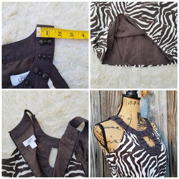 Zebra Print Dress LOFT Size 0 Brown White Stretch Sleeveless Beaded Collar - Picture 7 of 9